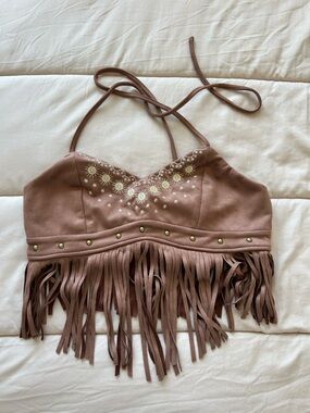 Fringe Halter Crop Top with Sun Embroidery - Mauve
